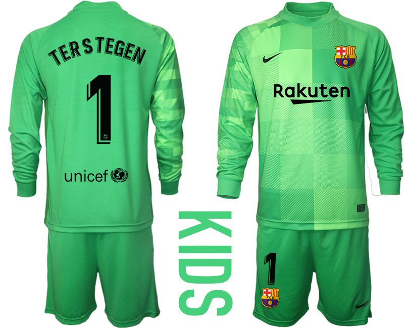 Youth 2021-2022 Club Barcelona green goalkeeper long sleeve #1 Soccer Jersey